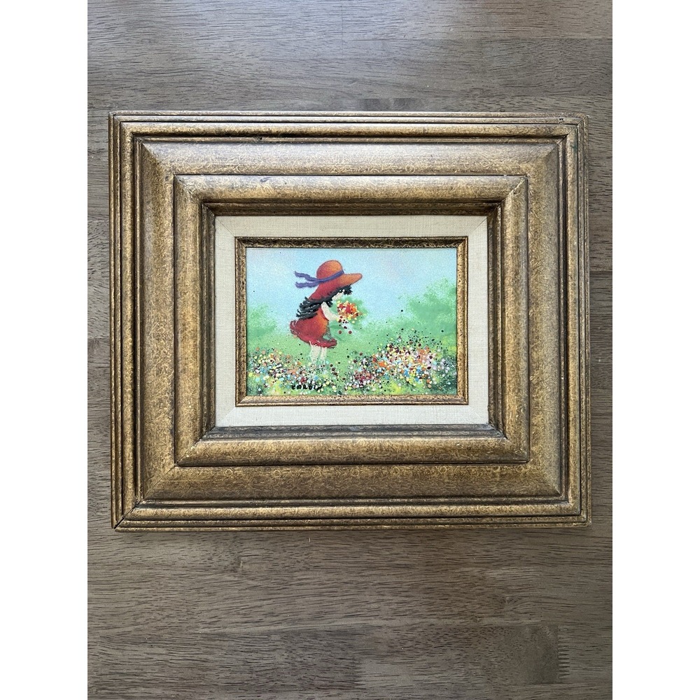 Vintage‎ Enamel on Copper by Louis Cardin Young Girl with Flowers 5" x 7" Framed
